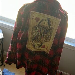 Red Plaid Button Down Shirt with Playing Card Design